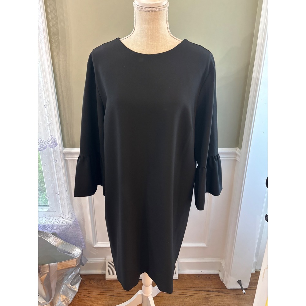 Zara Woman Black Bell Sleeve Shift Dress XXL Round Neck Ruffle Cuff Mini